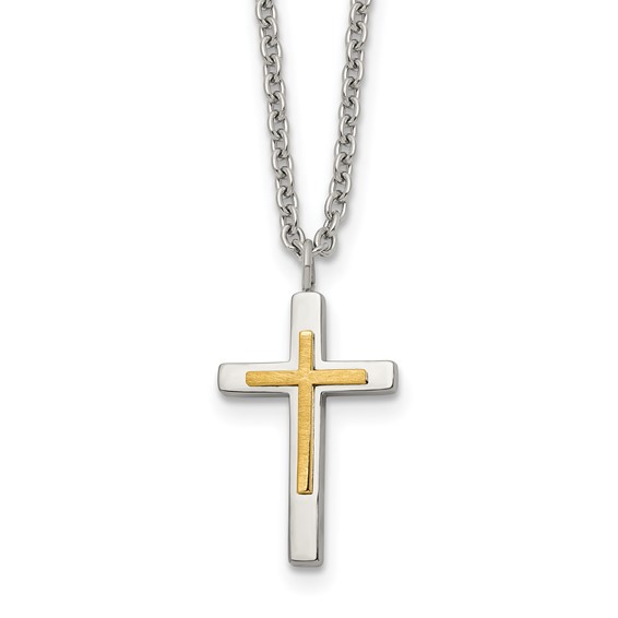 Chisel Stainless Steel Polished with 14K Gold Accent Small Cross Pendant on an 18 inch Cable Chain Necklace
