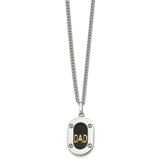 Chisel Stainless Steel Polished with 14K Gold Accent and 1pt Diamond DAD Black Enameled Pendant on a 24 inch Curb Chain Necklace