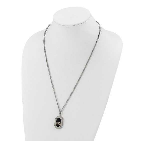 Chisel Stainless Steel Polished with 14K Gold Accent and 1pt Diamond DAD Black Enameled Pendant on a 24 inch Curb Chain Necklace