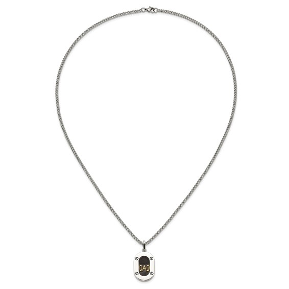 Chisel Stainless Steel Polished with 14K Gold Accent and 1pt Diamond DAD Black Enameled Pendant on a 24 inch Curb Chain Necklace