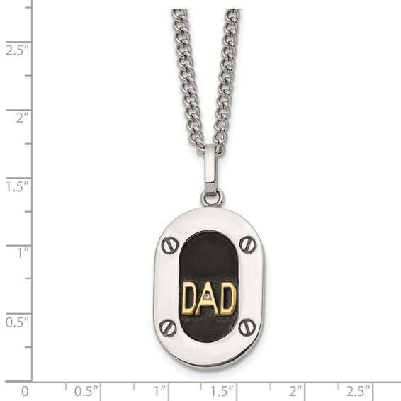 Chisel Stainless Steel Polished with 14K Gold Accent and 1pt Diamond DAD Black Enameled Pendant on a 24 inch Curb Chain Necklace