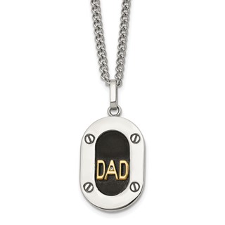 Chisel Stainless Steel Polished with 14K Gold Accent and 1pt Diamond DAD Black Enameled Pendant on a 24 inch Curb Chain Necklace