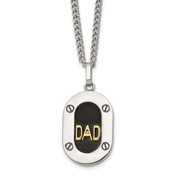Chisel Stainless Steel Polished with 14K Gold Accent and 1pt Diamond DAD Black Enameled Pendant on a 24 inch Curb Chain Necklace