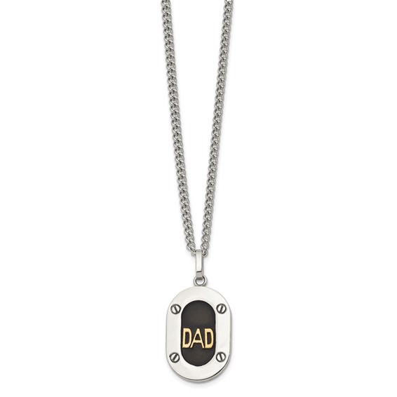 Chisel Stainless Steel Polished with 14K Gold Accent DAD with Black Enameled Pendant on a 24 inch Curb Chain Necklace