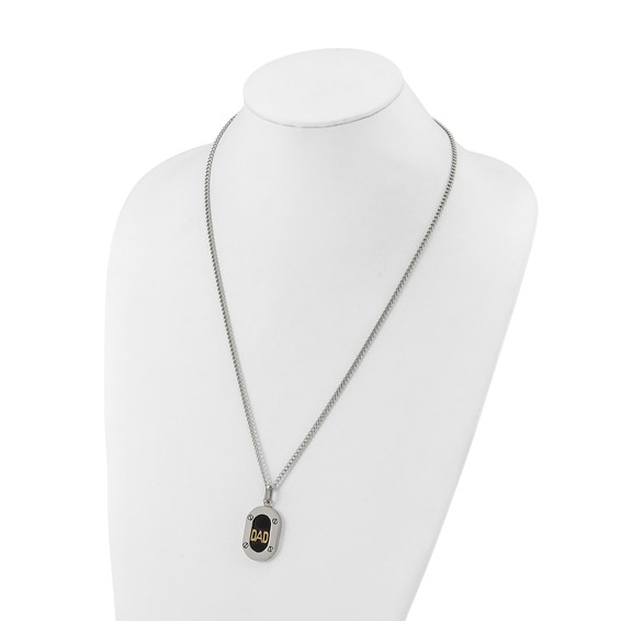 Chisel Stainless Steel Polished with 14K Gold Accent DAD with Black Enameled Pendant on a 24 inch Curb Chain Necklace
