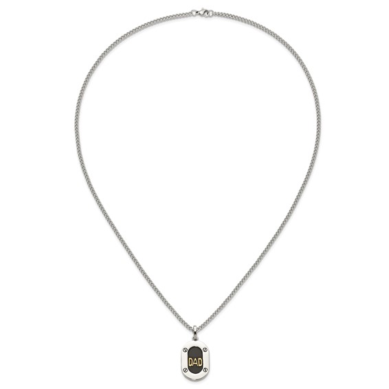 Chisel Stainless Steel Polished with 14K Gold Accent DAD with Black Enameled Pendant on a 24 inch Curb Chain Necklace