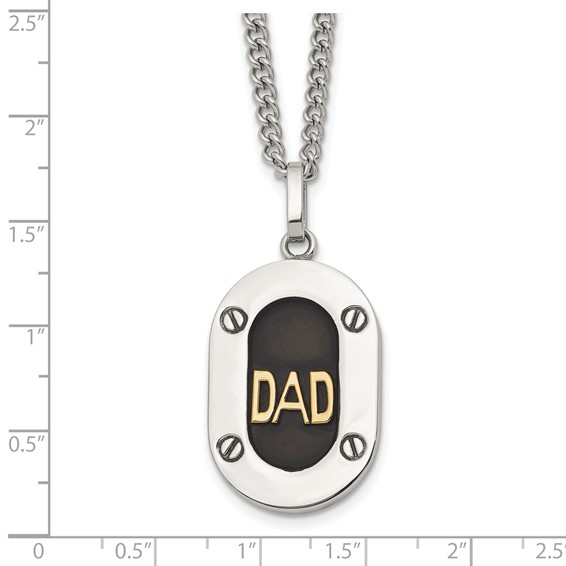 Chisel Stainless Steel Polished with 14K Gold Accent DAD with Black Enameled Pendant on a 24 inch Curb Chain Necklace