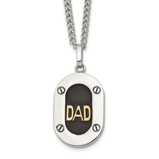Chisel Stainless Steel Polished with 14K Gold Accent DAD with Black Enameled Pendant on a 24 inch Curb Chain Necklace