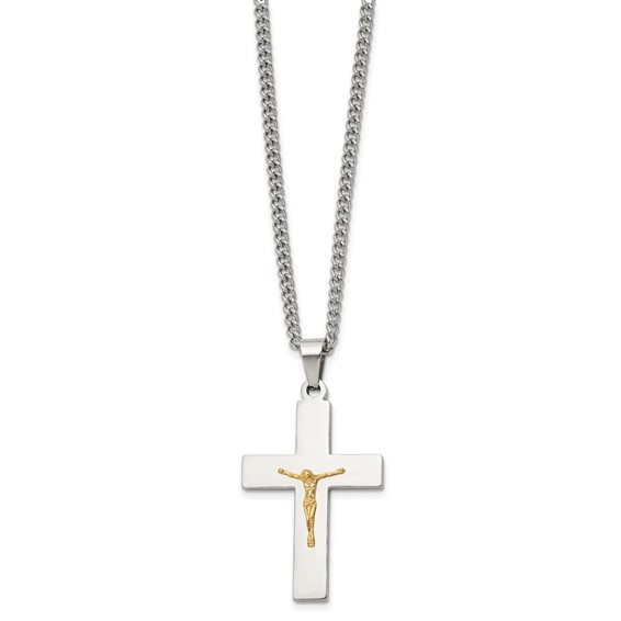 Chisel Stainless Steel Polished with 14K Gold Accent Crucifix Pendant on a 24 inch Curb Chain Necklace
