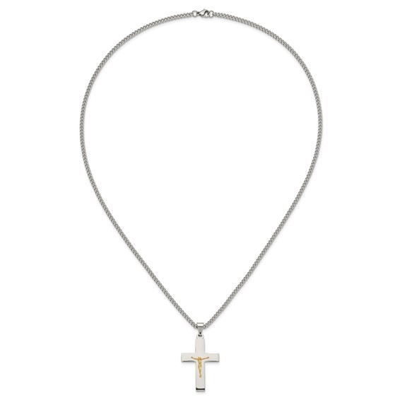 Chisel Stainless Steel Polished with 14K Gold Accent Crucifix Pendant on a 24 inch Curb Chain Necklace