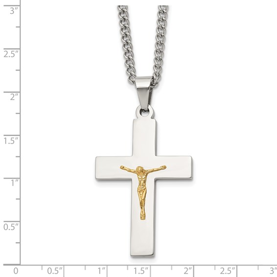 Chisel Stainless Steel Polished with 14K Gold Accent Crucifix Pendant on a 24 inch Curb Chain Necklace