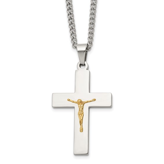Chisel Stainless Steel Polished with 14K Gold Accent Crucifix Pendant on a 24 inch Curb Chain Necklace