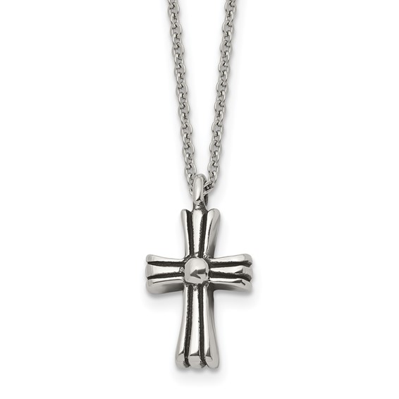 Chisel Stainless Steel Antiqued and Polished Cross Pendant on a 24.5 inch Cable Chain Necklace