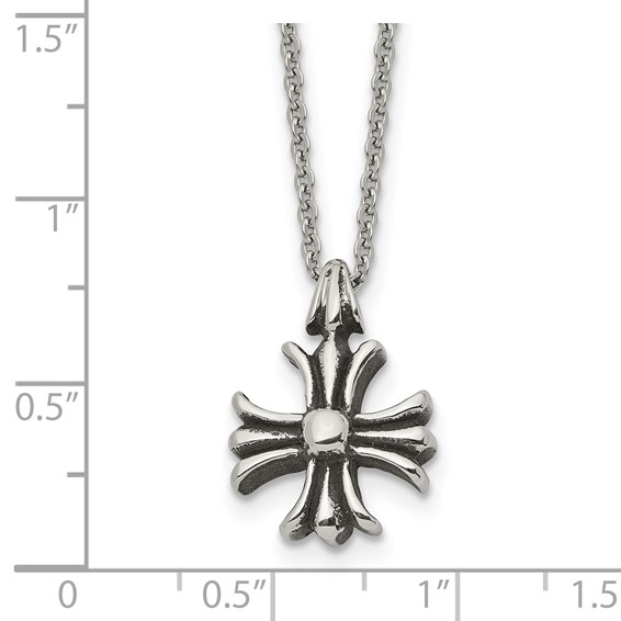 Chisel Stainless Steel Antiqued and Polished Fancy Cross Pendant on a 24.5 inch Cable Chain Necklace