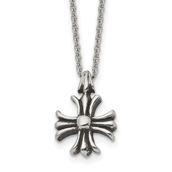 Chisel Stainless Steel Antiqued and Polished Fancy Cross Pendant on a 24.5 inch Cable Chain Necklace