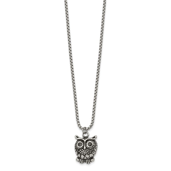 Chisel Stainless Steel Polished Black Enameled Owl Pendant on a 24 inch Box Chain Necklace