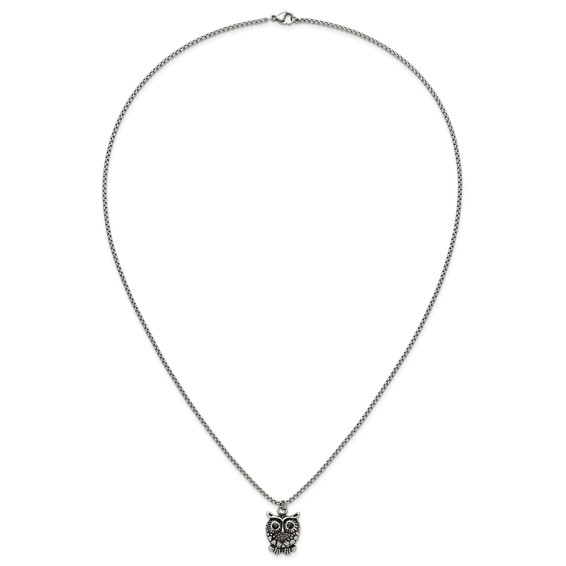 Chisel Stainless Steel Polished Black Enameled Owl Pendant on a 24 inch Box Chain Necklace