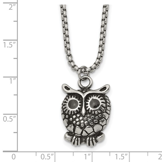 Chisel Stainless Steel Polished Black Enameled Owl Pendant on a 24 inch Box Chain Necklace