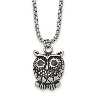 Chisel Stainless Steel Polished Black Enameled Owl Pendant on a 24 inch Box Chain Necklace