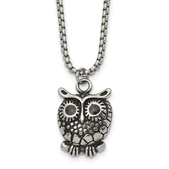 Chisel Stainless Steel Polished Black Enameled Owl Pendant on a 24 inch Box Chain Necklace