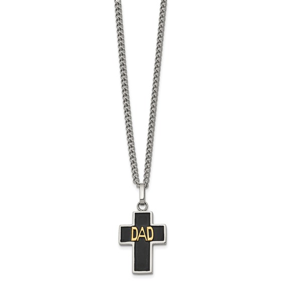 Chisel Stainless Steel Polished with 14K Gold Accent DAD with Black Enamel Cross Pendant on a 24 inch Curb Chain Necklace