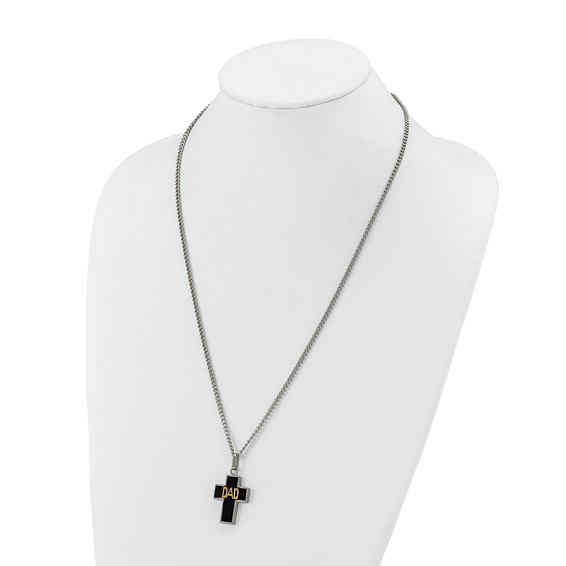 Chisel Stainless Steel Polished with 14K Gold Accent DAD with Black Enamel Cross Pendant on a 24 inch Curb Chain Necklace