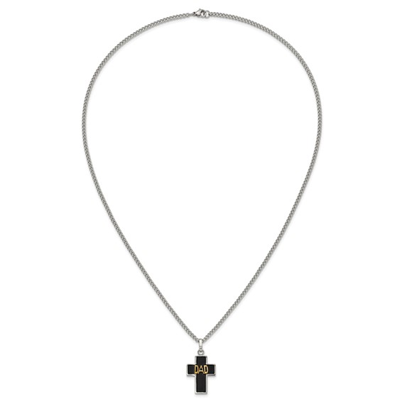 Chisel Stainless Steel Polished with 14K Gold Accent DAD with Black Enamel Cross Pendant on a 24 inch Curb Chain Necklace