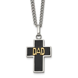 Chisel Stainless Steel Polished with 14K Gold Accent DAD with Black Enamel Cross Pendant on a 24 inch Curb Chain Necklace