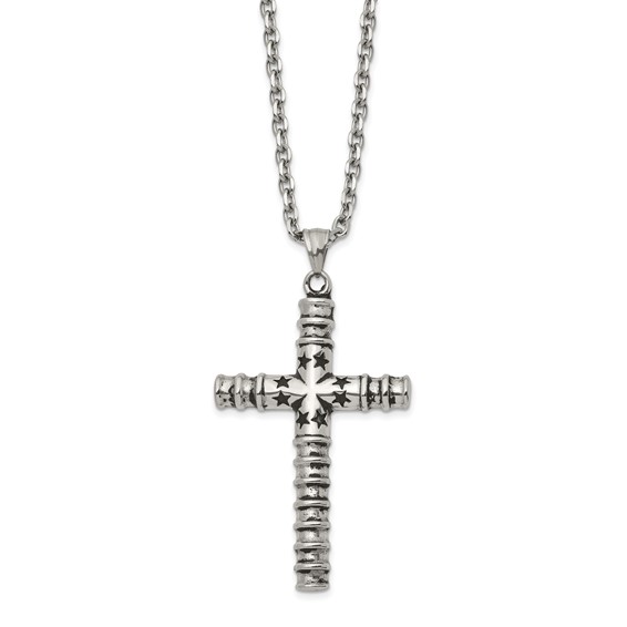 Chisel Stainless Steel Antiqued and Polished Cross with Stars Pendant on a 24 inch Cable Chain Necklace
