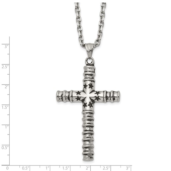 Chisel Stainless Steel Antiqued and Polished Cross with Stars Pendant on a 24 inch Cable Chain Necklace