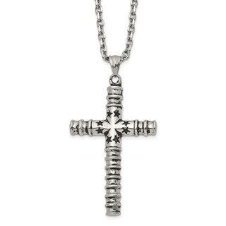 Chisel Stainless Steel Antiqued and Polished Cross with Stars Pendant on a 24 inch Cable Chain Necklace