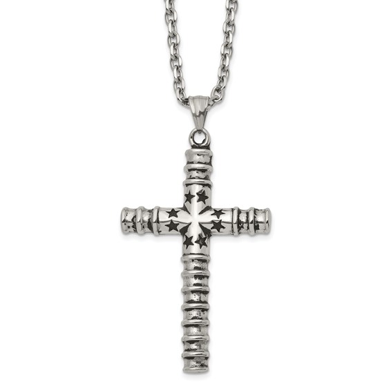 Chisel Stainless Steel Antiqued and Polished Cross with Stars Pendant on a 24 inch Cable Chain Necklace