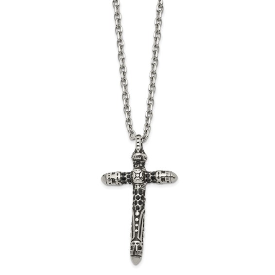 Chisel Stainless Steel Antiqued and Polished with Black Crystal Large Cross Pendant on a 24 inch Cable Chain Necklace