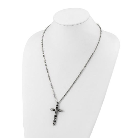 Chisel Stainless Steel Antiqued and Polished with Black Crystal Large Cross Pendant on a 24 inch Cable Chain Necklace
