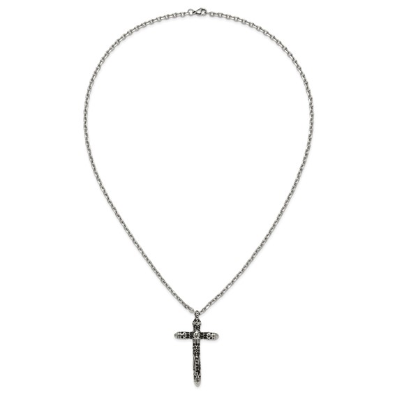 Chisel Stainless Steel Antiqued and Polished with Black Crystal Large Cross Pendant on a 24 inch Cable Chain Necklace