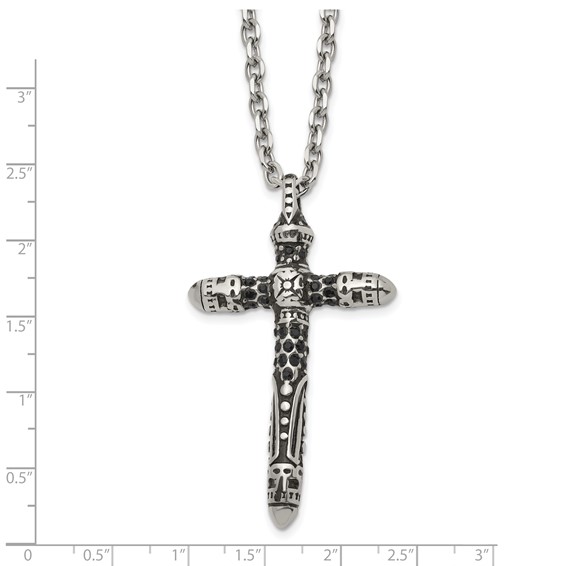 Chisel Stainless Steel Antiqued and Polished with Black Crystal Large Cross Pendant on a 24 inch Cable Chain Necklace