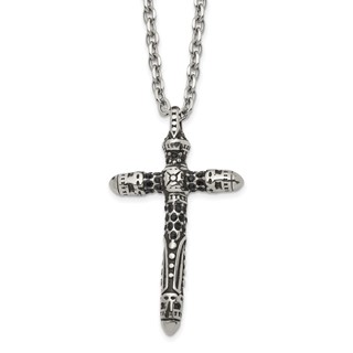 Chisel Stainless Steel Antiqued and Polished with Black Crystal Large Cross Pendant on a 24 inch Cable Chain Necklace