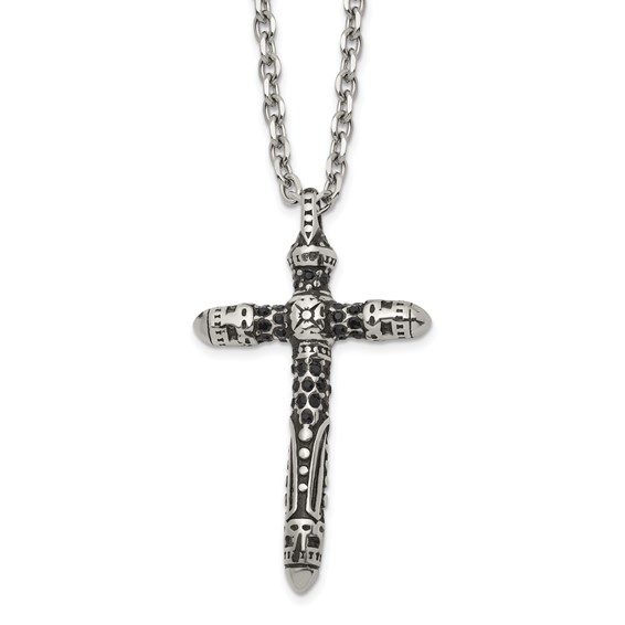Chisel Stainless Steel Antiqued and Polished with Black Crystal Large Cross Pendant on a 24 inch Cable Chain Necklace