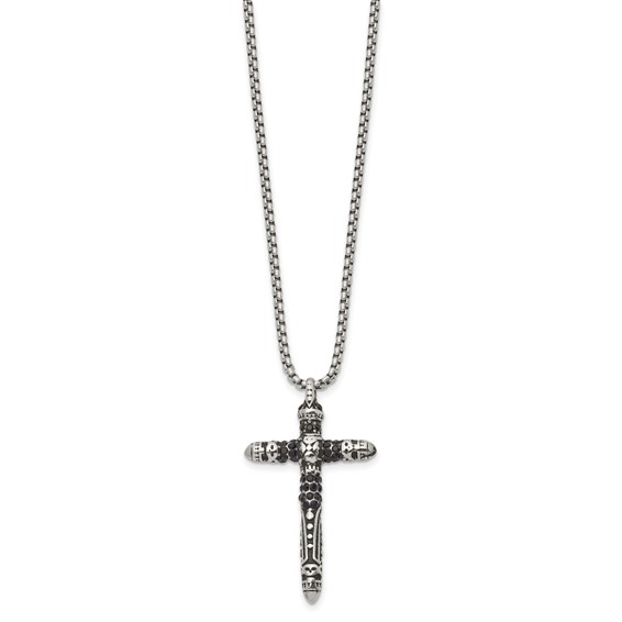 Chisel Stainless Steel Antiqued and Polished with Black Crystal Small Cross Pendant on a 24 inch Box Chain Necklace