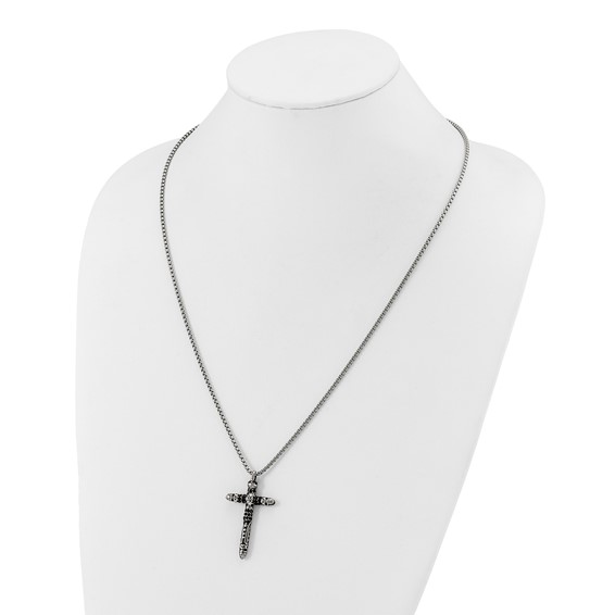 Chisel Stainless Steel Antiqued and Polished with Black Crystal Small Cross Pendant on a 24 inch Box Chain Necklace