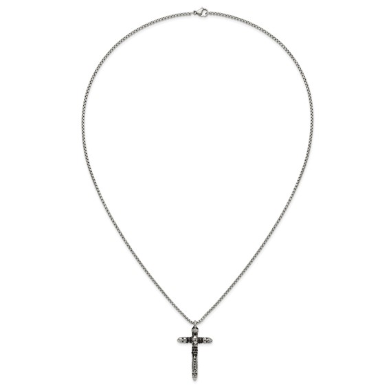 Chisel Stainless Steel Antiqued and Polished with Black Crystal Small Cross Pendant on a 24 inch Box Chain Necklace