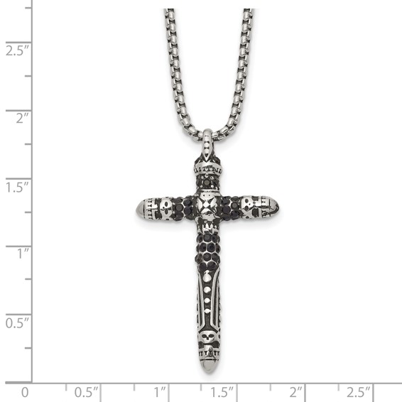 Chisel Stainless Steel Antiqued and Polished with Black Crystal Small Cross Pendant on a 24 inch Box Chain Necklace