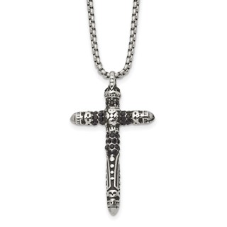 Chisel Stainless Steel Antiqued and Polished with Black Crystal Small Cross Pendant on a 24 inch Box Chain Necklace