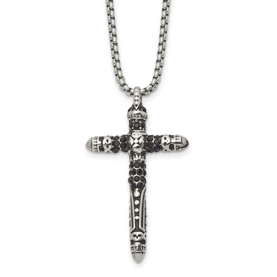 Chisel Stainless Steel Antiqued and Polished with Black Crystal Small Cross Pendant on a 24 inch Box Chain Necklace