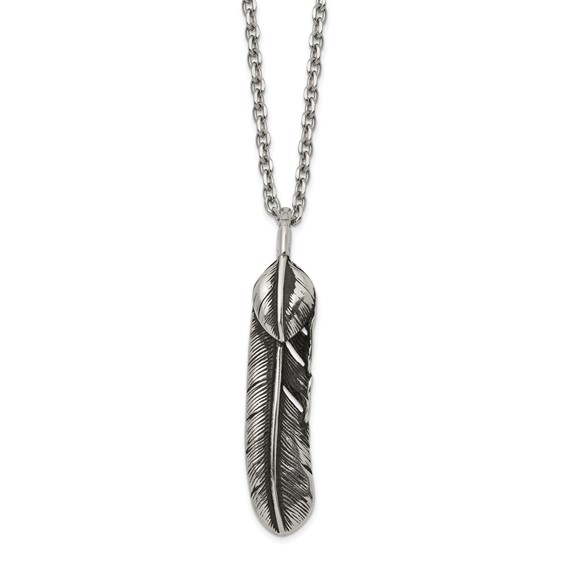 Chisel Stainless Steel Antiqued and Polished Feather Pendant on a 24 inch Cable Chain Necklace