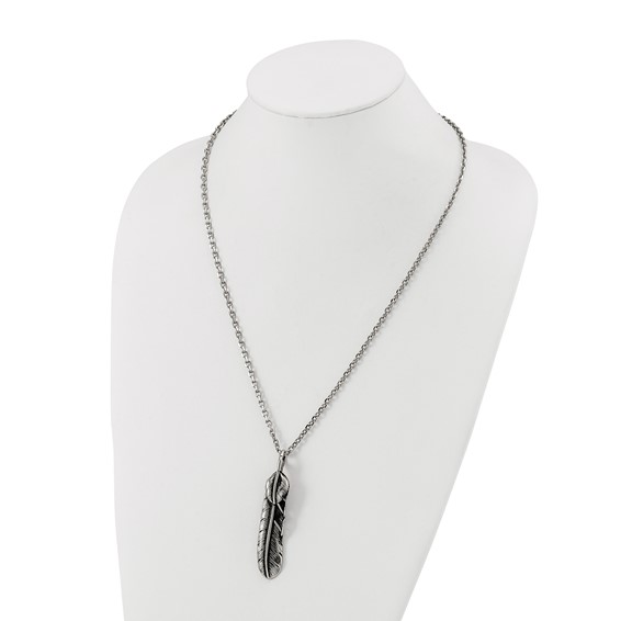 Chisel Stainless Steel Antiqued and Polished Feather Pendant on a 24 inch Cable Chain Necklace
