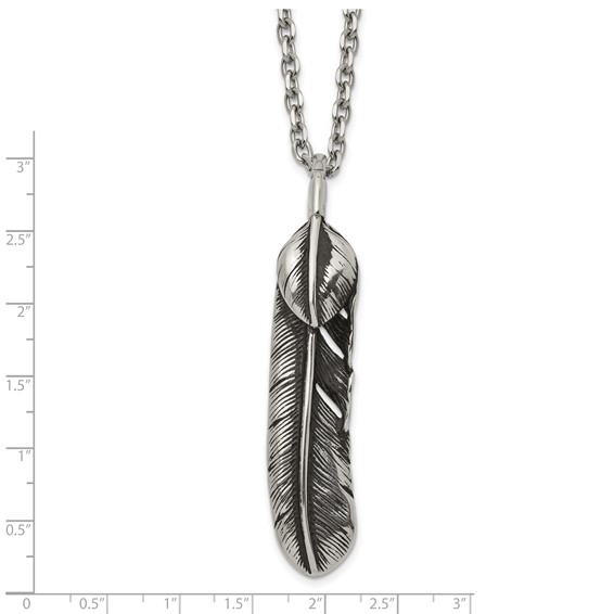 Chisel Stainless Steel Antiqued and Polished Feather Pendant on a 24 inch Cable Chain Necklace