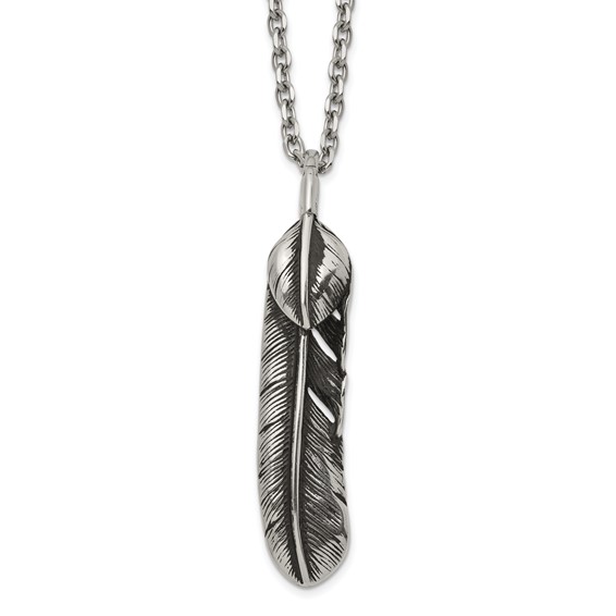Chisel Stainless Steel Antiqued and Polished Feather Pendant on a 24 inch Cable Chain Necklace