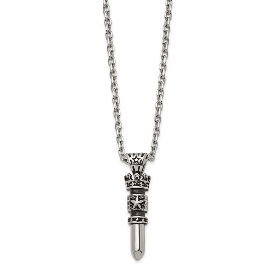 Chisel Stainless Steel Antiqued and Polished Bullet with Crown Pendant on a 24 inch Cable Chain Necklace
