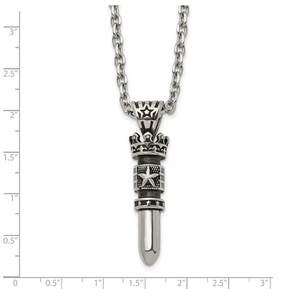 Chisel Stainless Steel Antiqued and Polished Bullet with Crown Pendant on a 24 inch Cable Chain Necklace